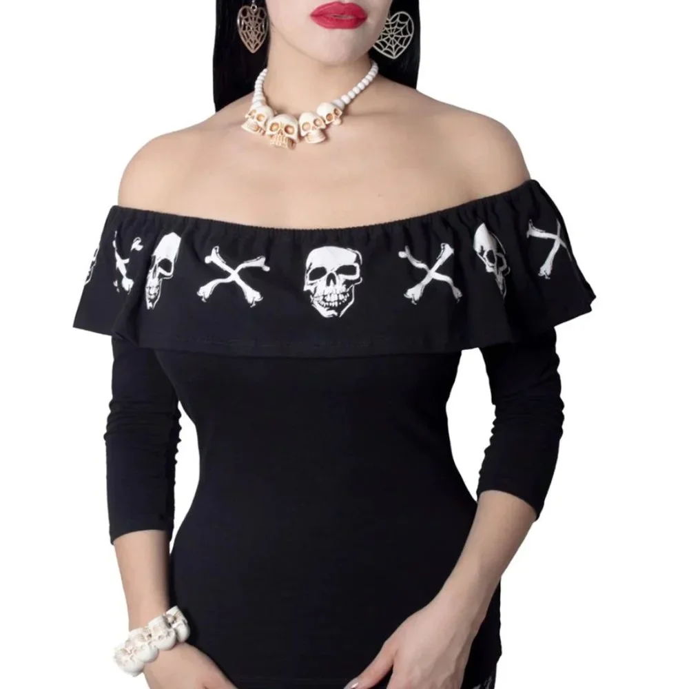Black & White Skull n Crossbones Striped Ruffle Top S-M-L-XL-2XL-3XL NWT - Picture 3 of 5